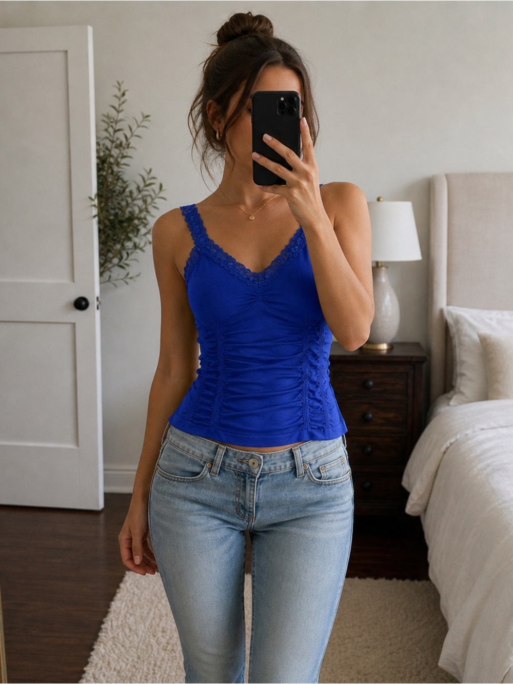 Kismet Blue Lace Trim Cami Tank‎ Stretch Nylon Ruched Women L Y2K Coquette 2000s